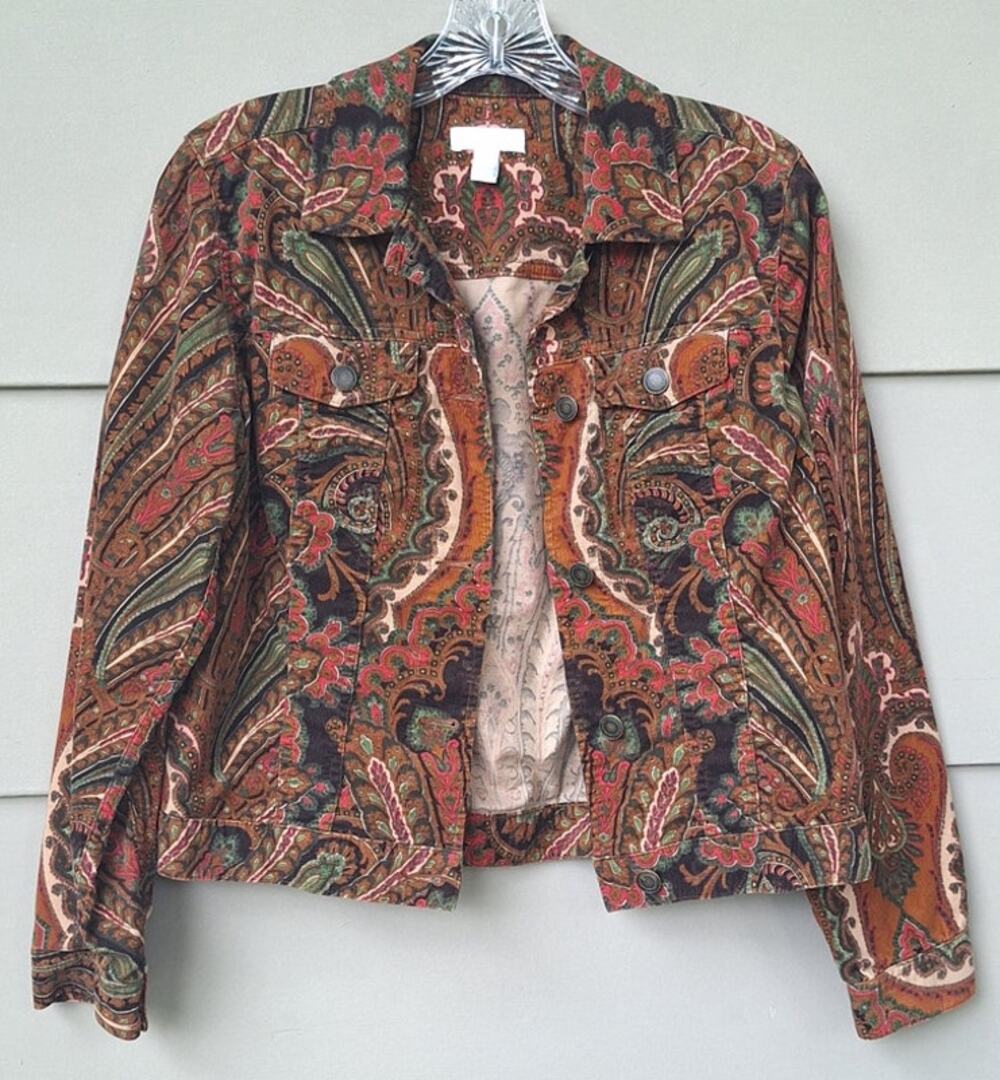 Charter Club Festival Bohemian Light Corduroy Jacket Paisley Brown Green Size S